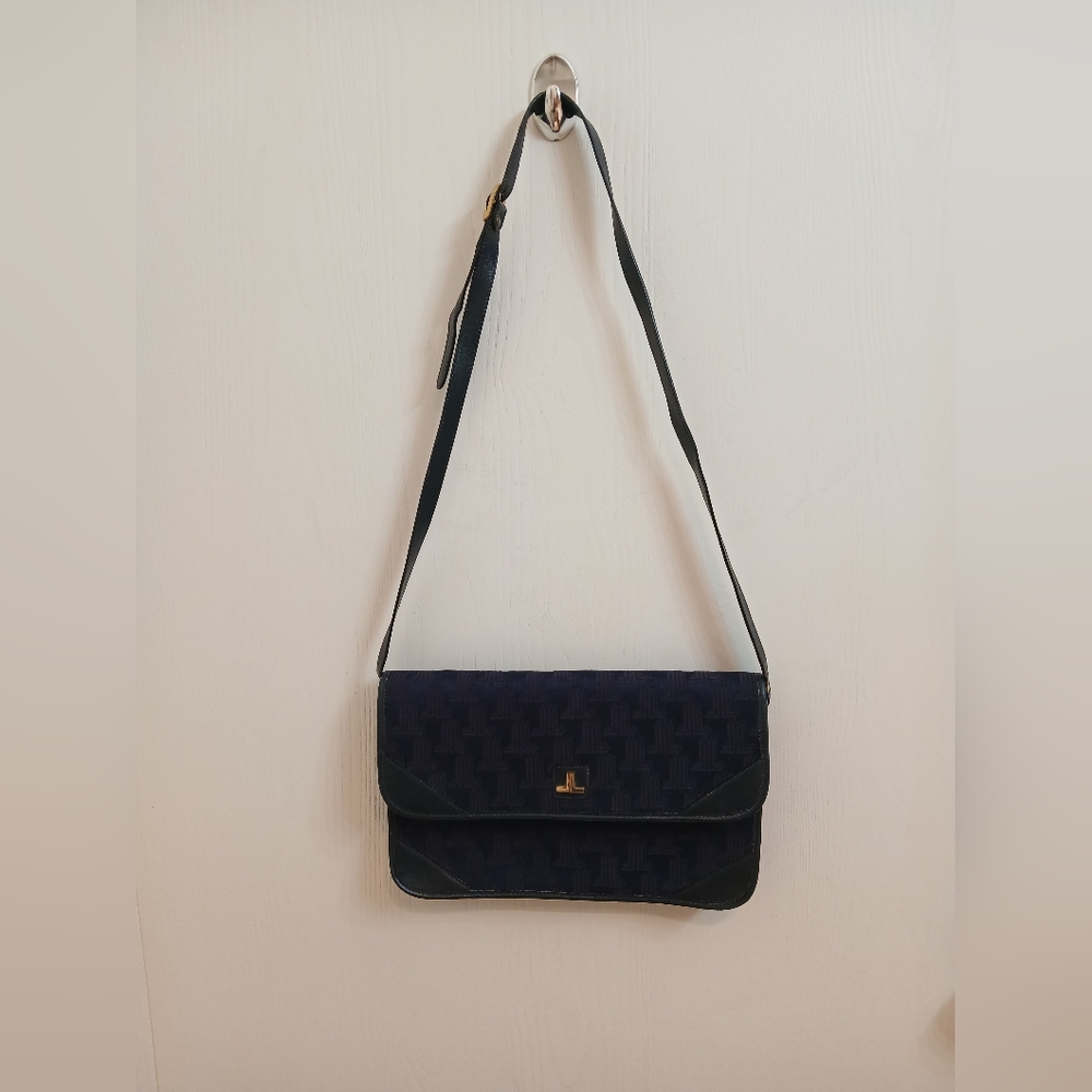 Lanvin Vintage Canvas and Leather Blue Flap Shoulder Bag.